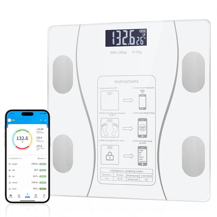 Smart Body Fat Scale with Led Display - Digital Bathroom Scale with Bluetooth, Accurate Measurement of Body Composition, Muscle Mass, Bmi and Body Water Analysis