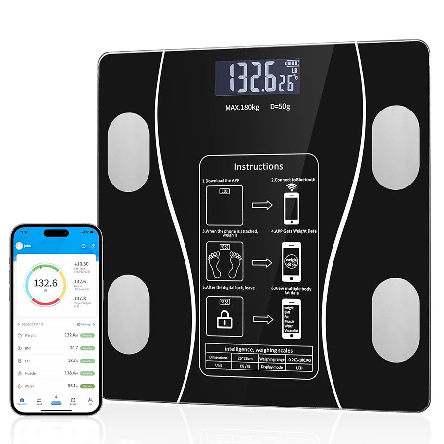 Smart Body Fat Scale with Led Display - Digital Bathroom Scale with Bluetooth, Accurate Measurement of Body Composition, Muscle Mass, Bmi and Body Water Analysis